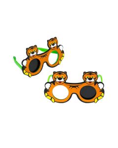 zwei Okkluderbrillen mit schwarzer Abdeckung auf je einem Glas und je ein Tigerkopf auf jedem Brillenglas