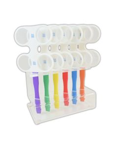 6 Abgleichflipper in verschiedenen Stärken mit bunten Griffen in einem transparenten Acryl-Aufbewahrungsständer